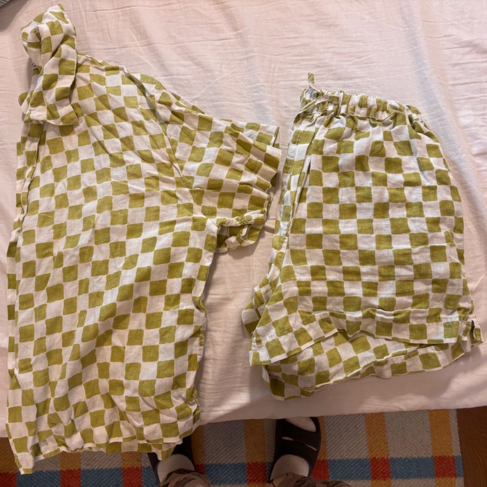 Green and White Checkered Two-Piece Linen Set from Holiday The Label